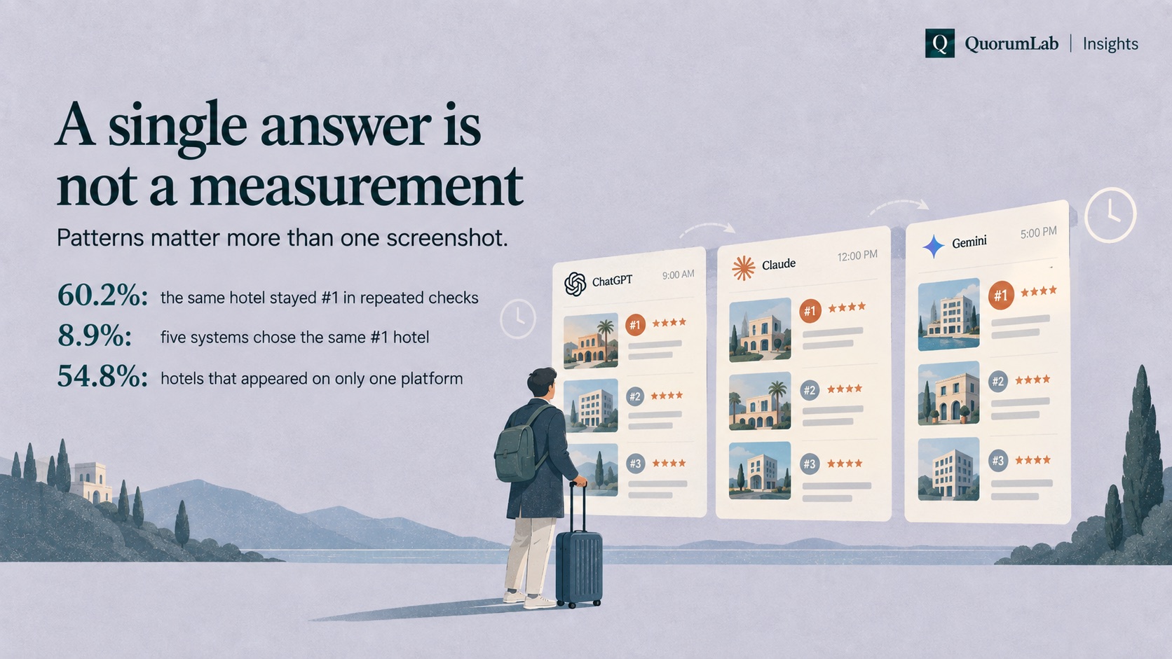 Illustration: a traveller compares three AI answer panels — ChatGPT, Claude and Gemini at different times of day — each ranking a different hotel first. A single answer is not a measurement: 60.2% the same hotel stayed number one in repeated checks; 8.9% five systems chose the same number-one hotel; 54.8% of hotels appeared on only one platform.