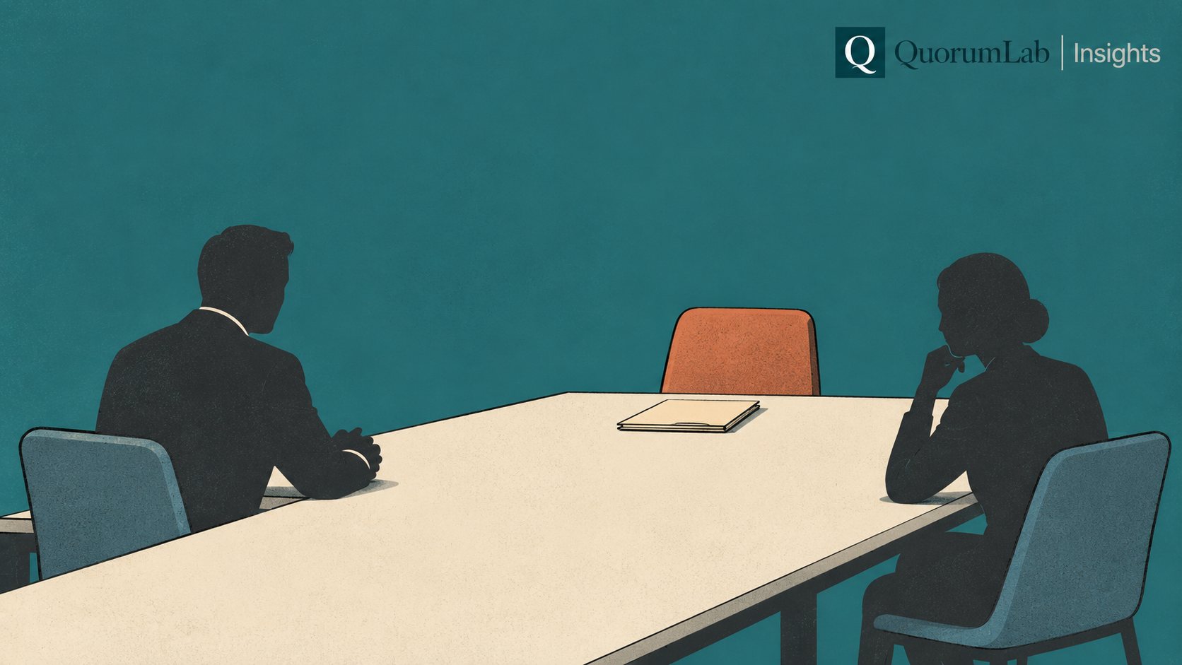 An empty terracotta chair stands at the far end of a long negotiation table on a deep teal background. Two dark silhouettes sit on either side, and a closed folder lies on the table in front of the empty chair: the invisible participant in a negotiation is present but unseen.