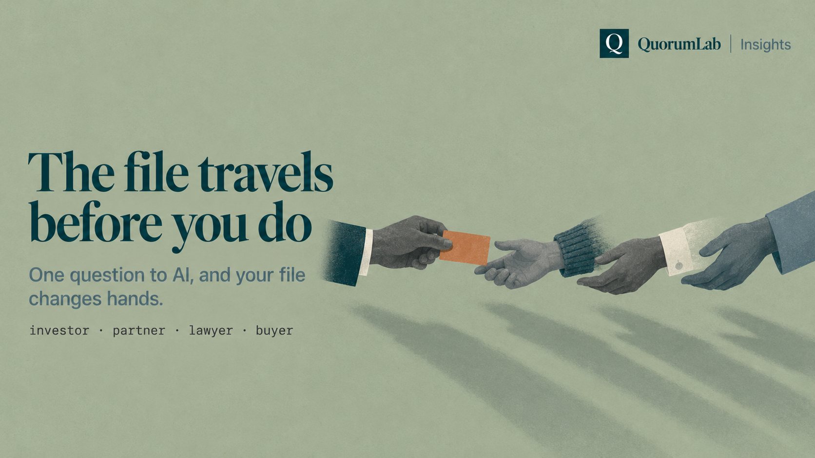 Poster: four hands with different sleeves pass a single terracotta card from one to the next. Headline: "The file travels before you do". Subline: "One question to AI, and your file changes hands." Labels: "investor · partner · lawyer · buyer".