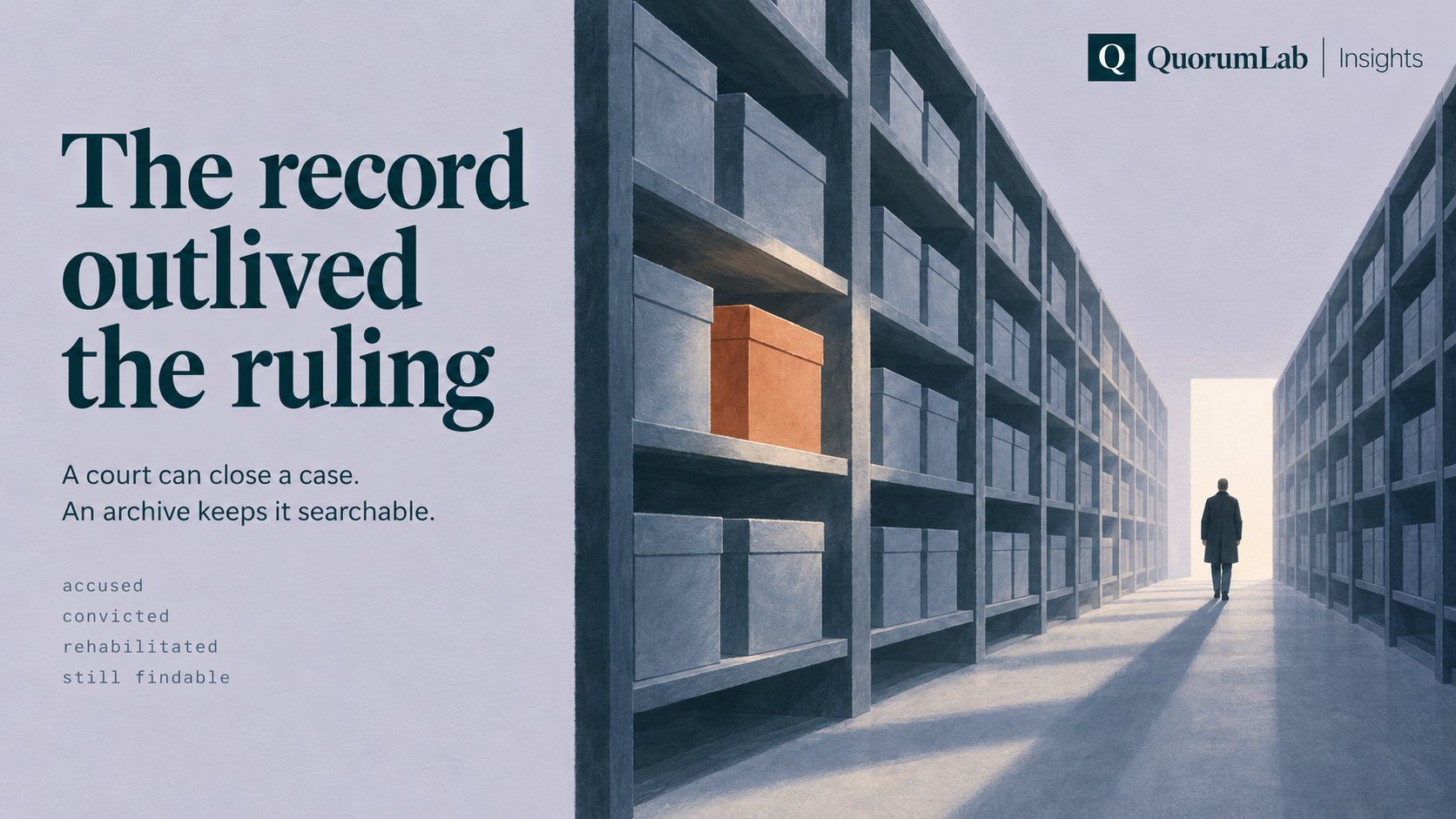 Juliste. Otsikko: The record outlived the ruling (merkintä eli tuomiota pidempään). Alaotsikko: A court can close a case. An archive keeps it searchable. (tuomioistuin voi sulkea asian, arkisto pitää sen haettavana). Merkinnät: accused, convicted, rehabilitated, still findable (syytetty, tuomittu, oikeudet palautettu, yhä löydettävissä). Kuvitus: pitkä käytävä arkistohyllyjä, joissa on yksi terrakotanvärinen laatikko, ja pieni hahmo kävelee kohti valoisaa uloskäyntiä.